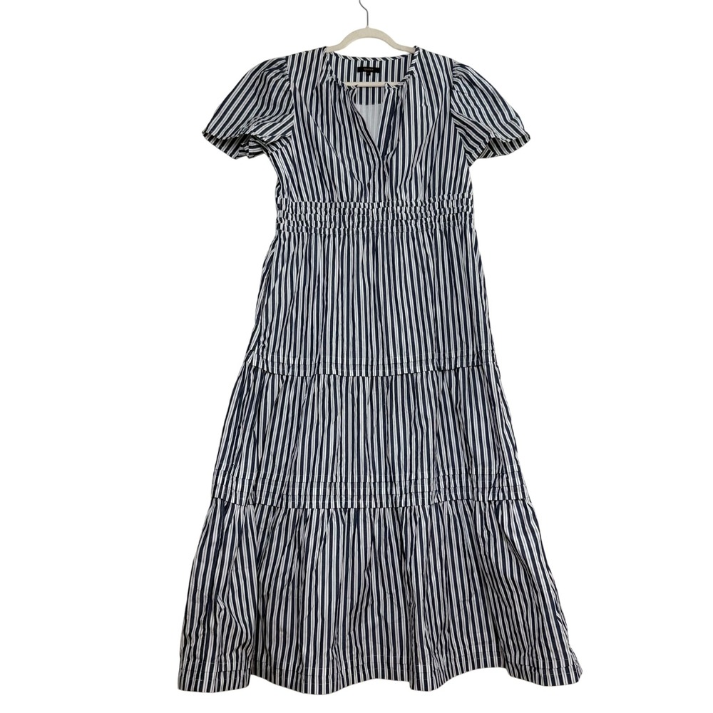 Quince Organic Cotton Poplin Tiered Maxi Dress Hudson Stripe Navy White Large